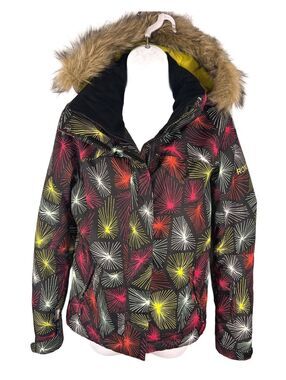 Roxy Jet Ski Ski Jacket Neon Abstract Geometric Fireworks Faux Fur Hood Y2K XS